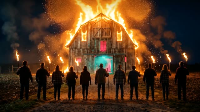 Neighbours with torches watch a barn burn at night.