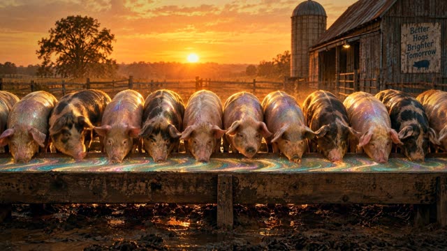A row of hogs eats glowing slop from a trough at sunset.