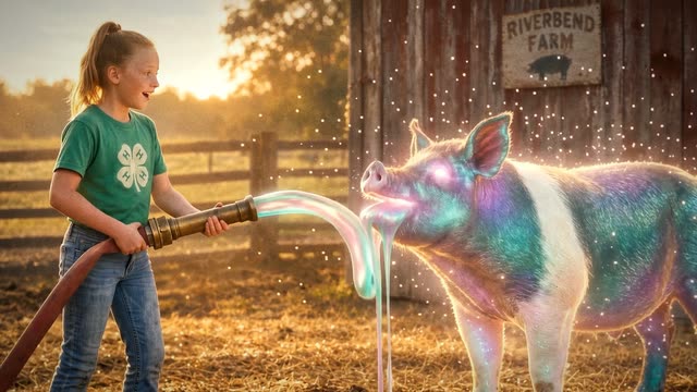 Kaylee hoses rainbow slop into a hog that starts to glow.