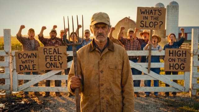 Earl and the neighbours protest at a farm gate with pitchforks and a sign asking what’s in the slop.