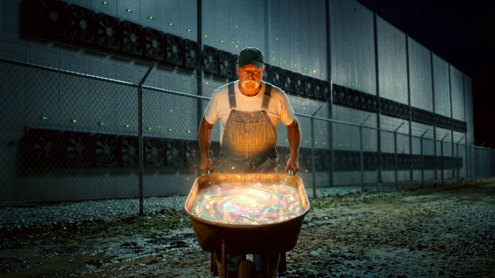 SLOP on SlopTheMovie.com. Dale wheels a barrow of glowing rainbow slop out of a data center at night.